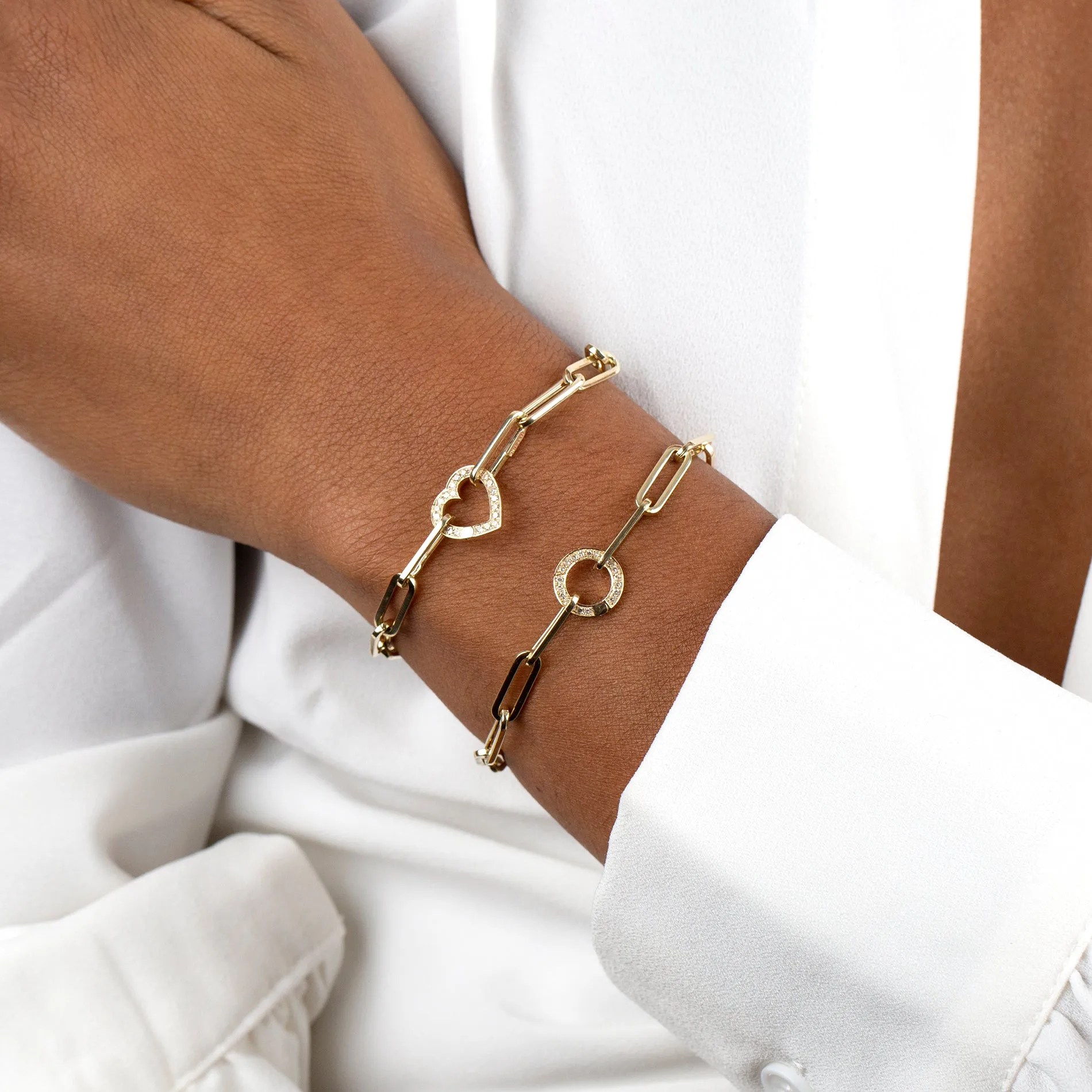 Diamond Heart Clicker Paperclip Bracelet 14K