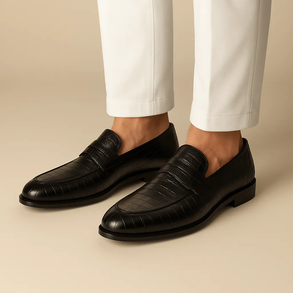Domoir | Crocodile-Embossed Penny Loafers