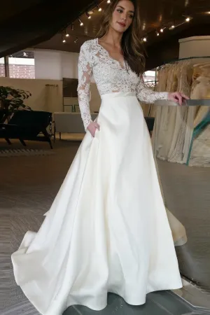 Elegant A-Line V-Neck Long Sleeves Off White Floor Length Prom/Wedding Dresses With Lace Top OK837