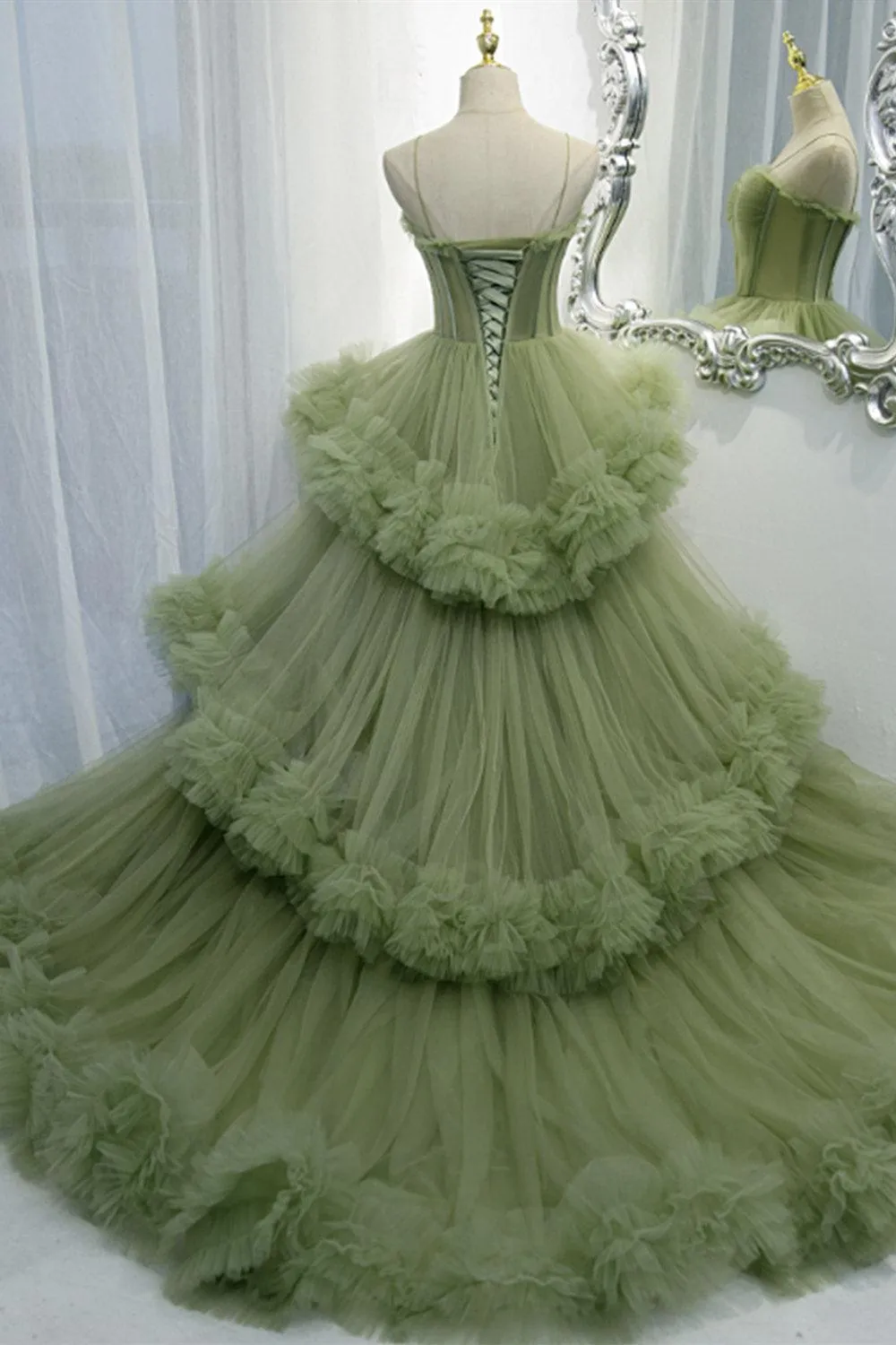 Elegant Straps Pleated Green Tiered Tulle Prom Formal Dress TP1148