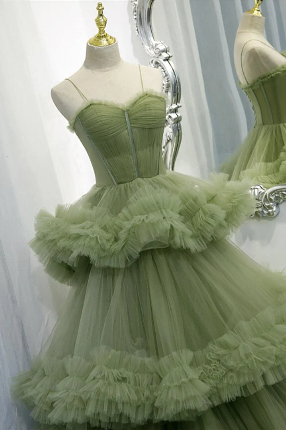 Elegant Straps Pleated Green Tiered Tulle Prom Formal Dress TP1148