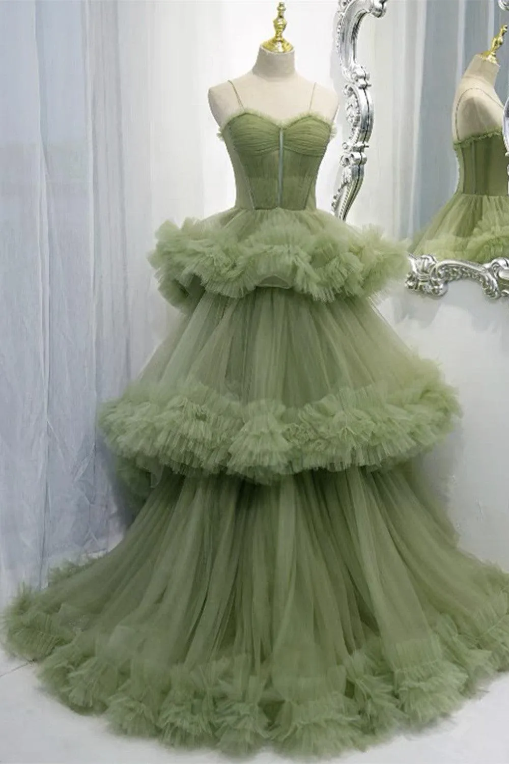 Elegant Straps Pleated Green Tiered Tulle Prom Formal Dress TP1148