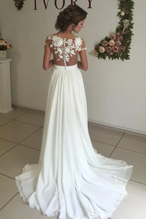 Elegant V-neck Cap Sleeves Sweep Train Ivory Wedding Dress With Appliques TN0113