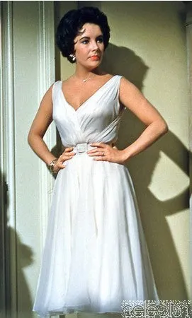Elizabeth Taylor as Maggie White V Neck Tea Length Dress from Movie Cat on a Hot Tin Roof
