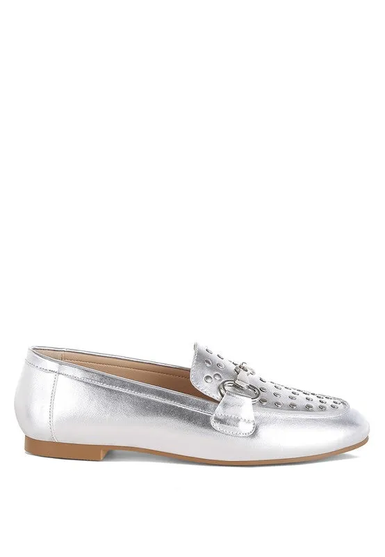 Estafa Horsebit & Studs Silver Metallic Pleather Loafers