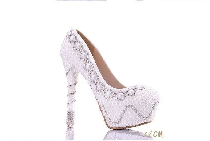 Fashion Handmade High Heels Round Toe Pearls Crystal Wedding Shoes, SY0104