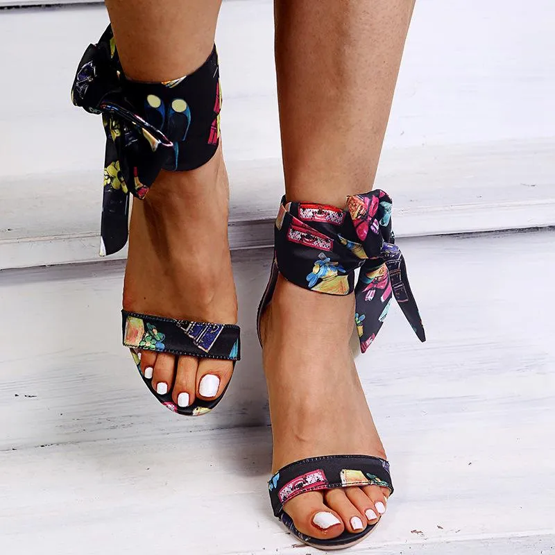 Fashion Printed Lace-Up Chunky Heeled Sandals