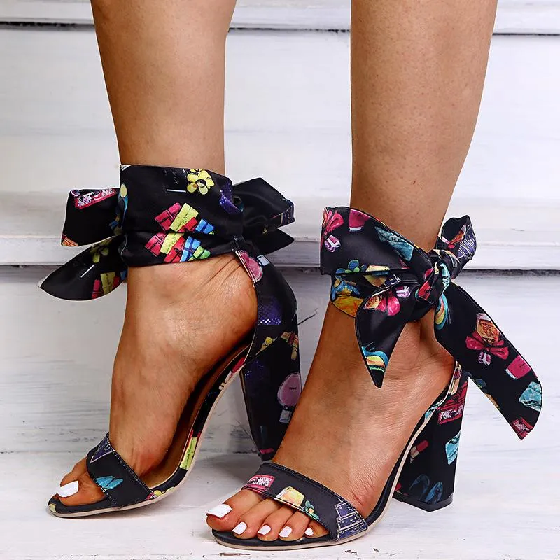 Fashion Printed Lace-Up Chunky Heeled Sandals