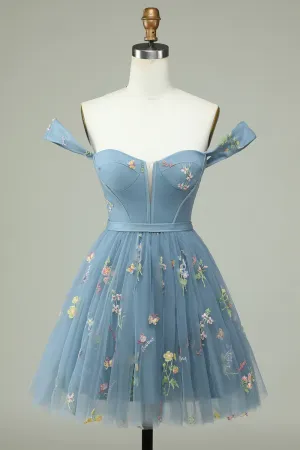 Floral Embroidery Sweetheart A-Line Homecoming Dress Short Party Dress HD0186