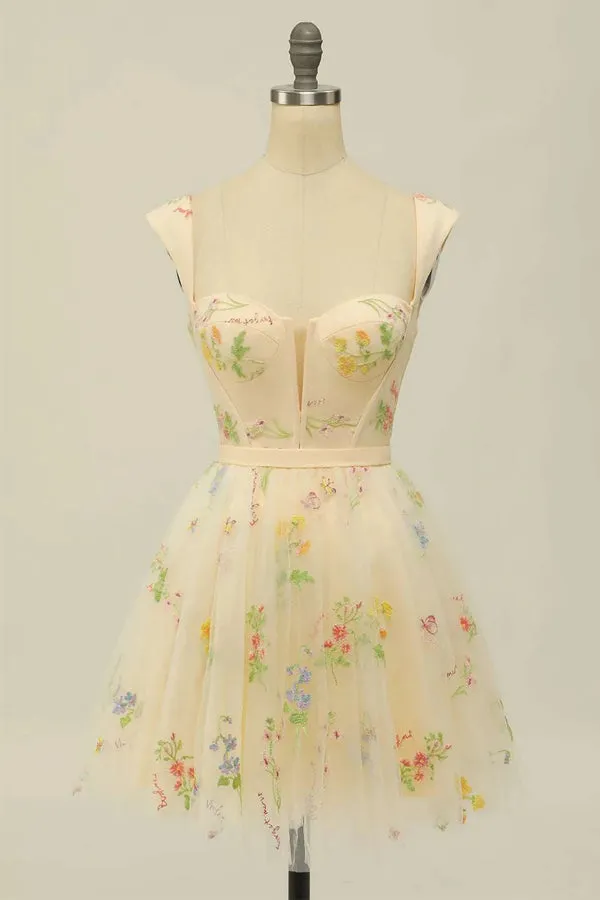Floral Embroidery Sweetheart A-Line Homecoming Dress Short Party Dress HD0186