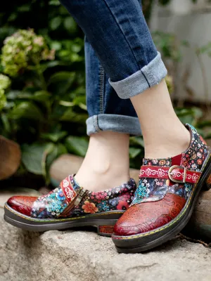 Floral Printed Boho Genuine Leather Sneakers Oxford Shoes
