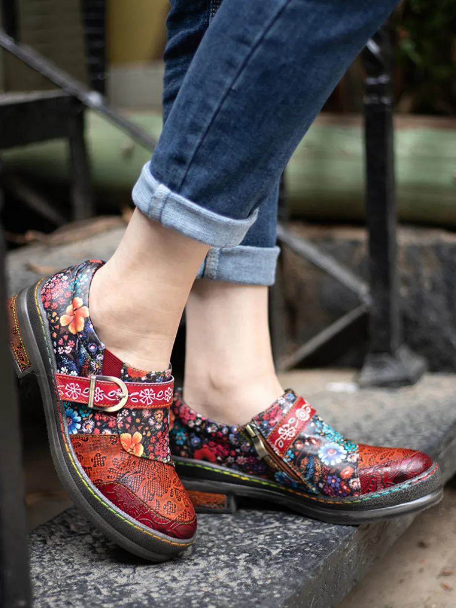 Floral Printed Boho Genuine Leather Sneakers Oxford Shoes