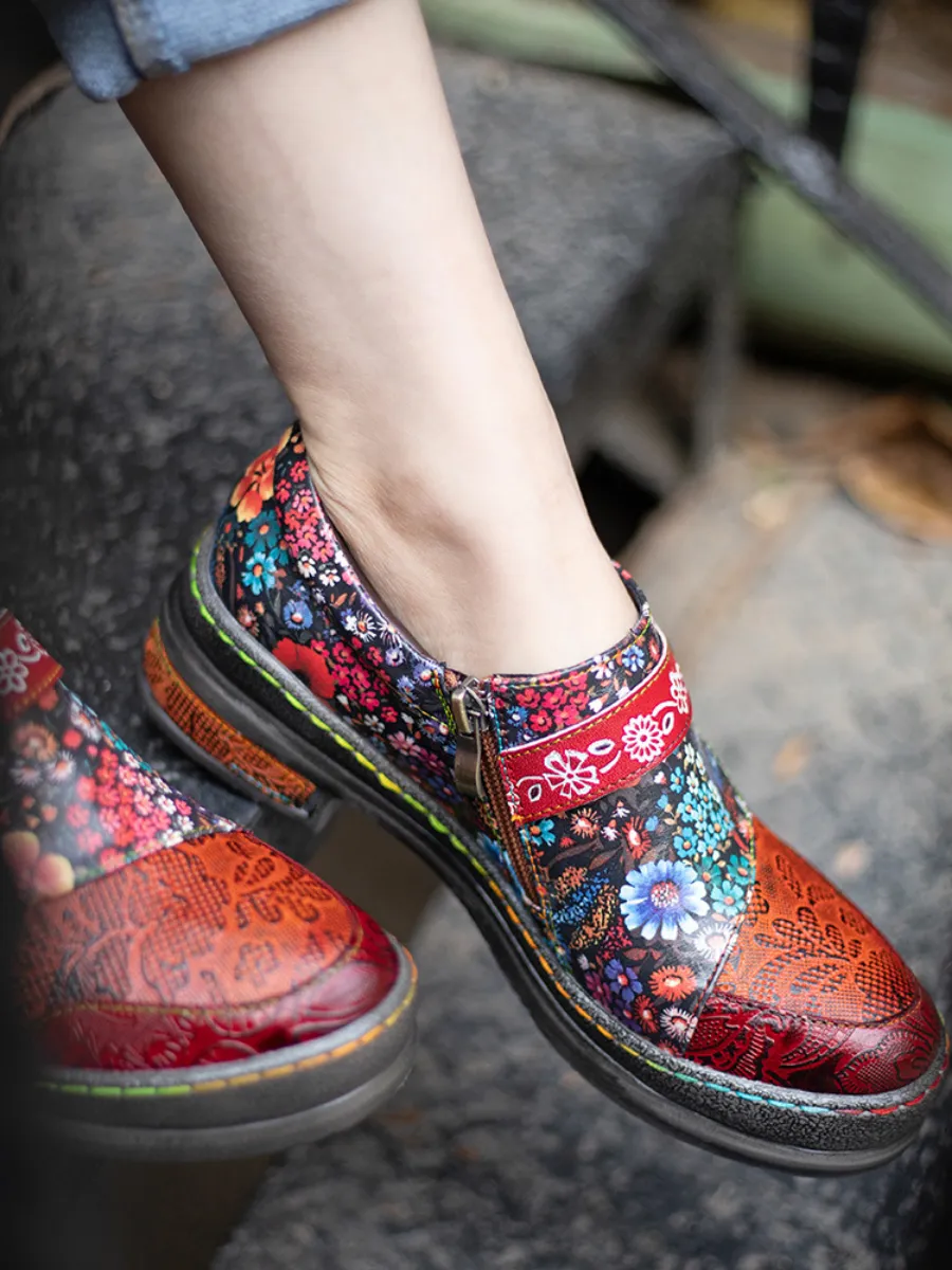 Floral Printed Boho Genuine Leather Sneakers Oxford Shoes