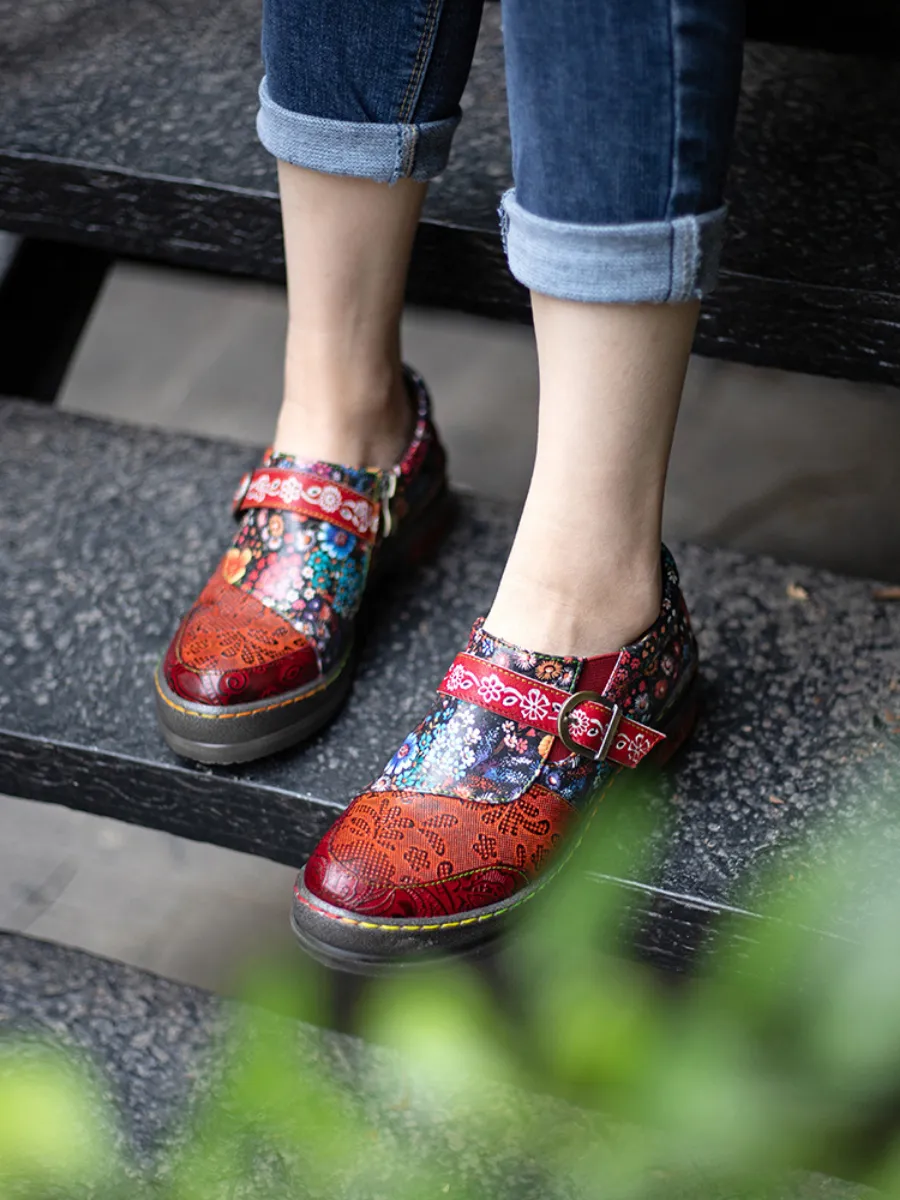Floral Printed Boho Genuine Leather Sneakers Oxford Shoes