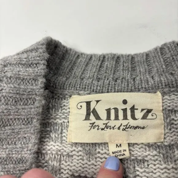 For‎ Love &amp; Lemons Knitz Dress Women's Medium Grey White Chunky Knit Sweater