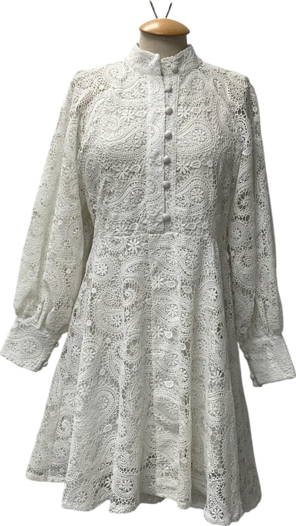 FOREVAYOUNG White Long Sleeved Lace Dress With Button Detail UK M/L