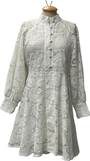 FOREVAYOUNG White Long Sleeved Lace Dress With Button Detail UK M/L