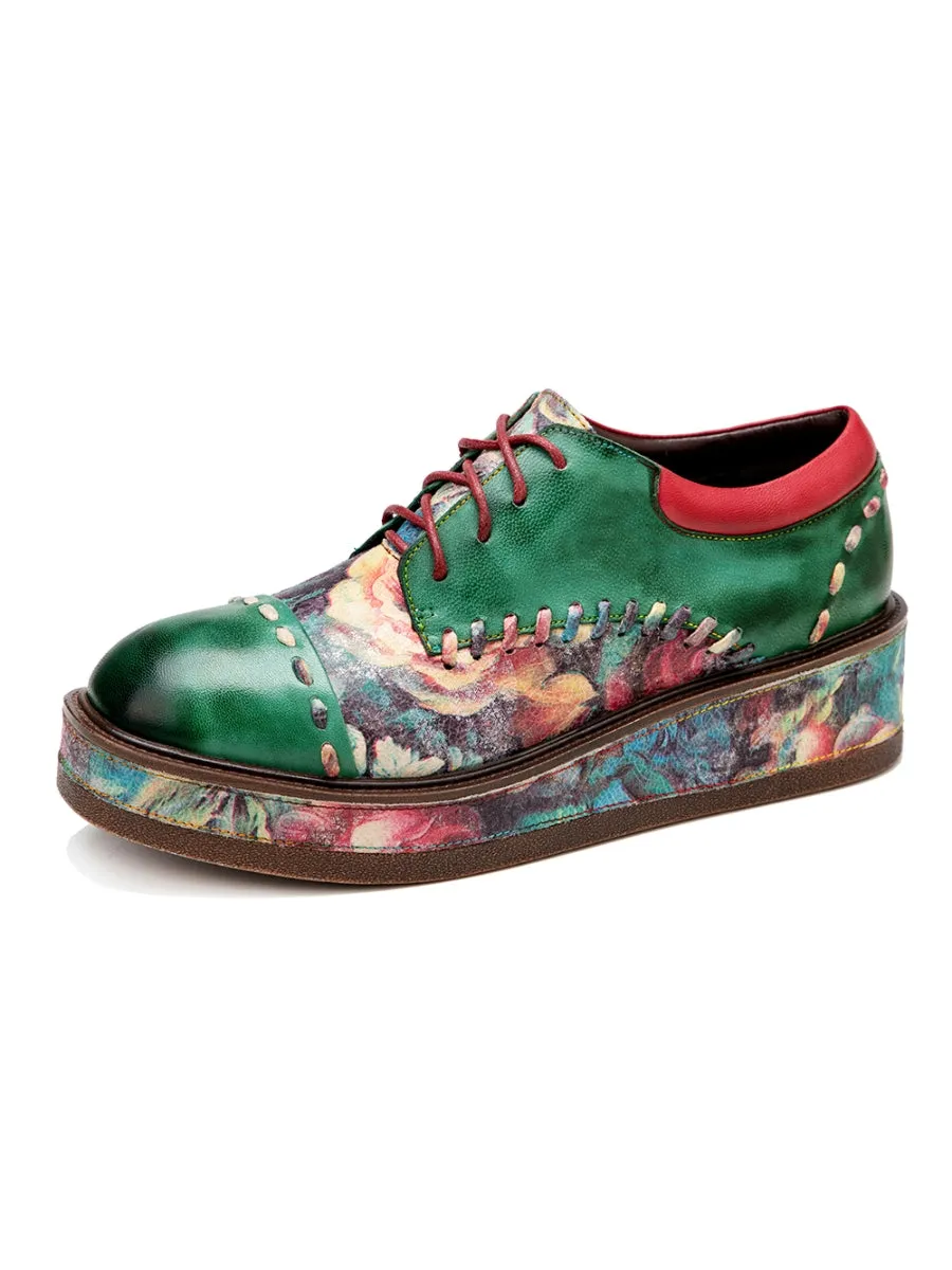Genuine Leather Brush Craft Emerald Art Floral Oxford Shoes