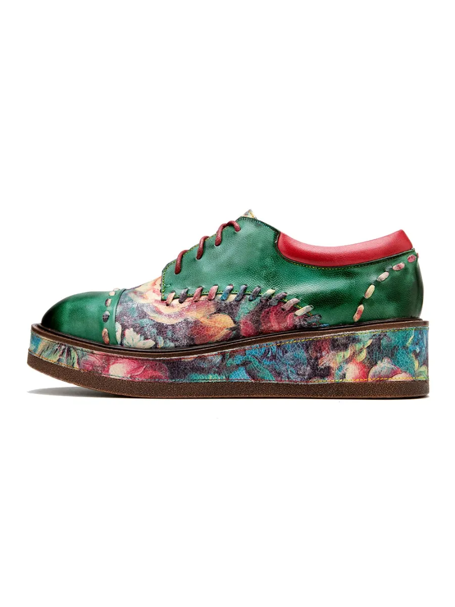 Genuine Leather Brush Craft Emerald Art Floral Oxford Shoes