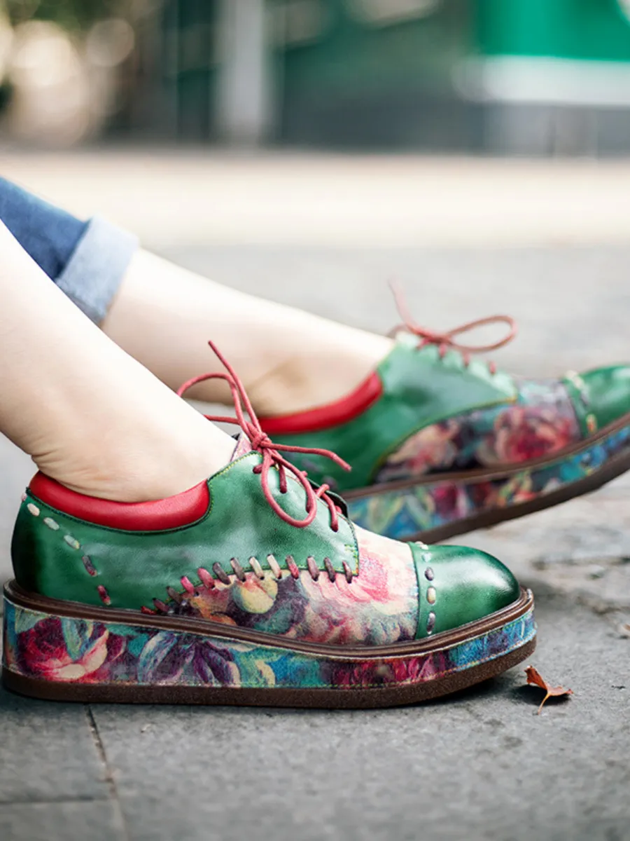 Genuine Leather Brush Craft Emerald Art Floral Oxford Shoes