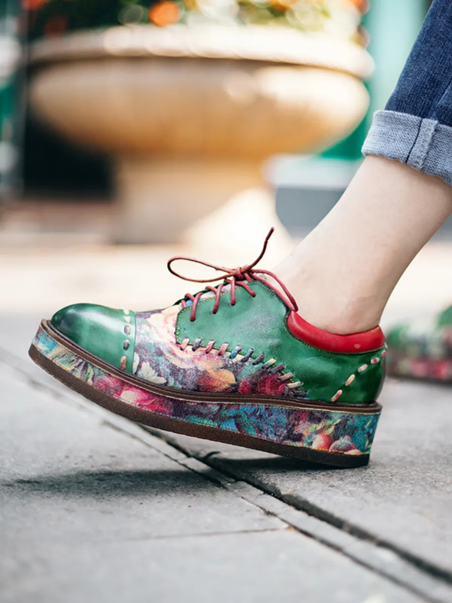 Genuine Leather Brush Craft Emerald Art Floral Oxford Shoes
