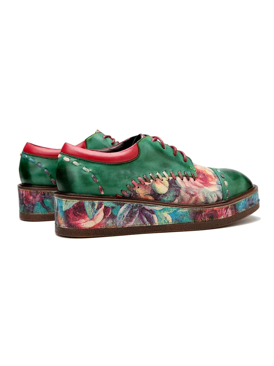 Genuine Leather Brush Craft Emerald Art Floral Oxford Shoes