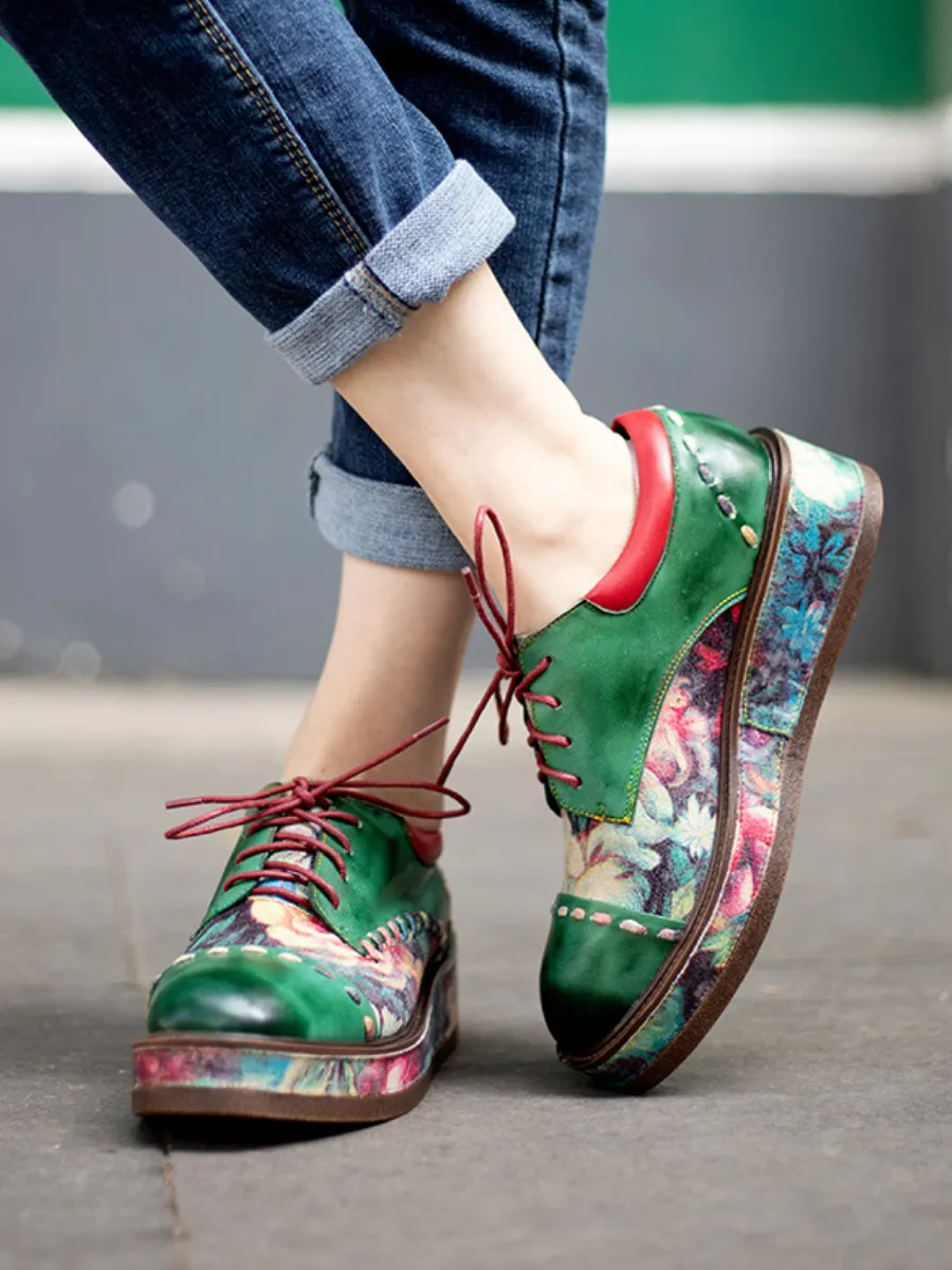 Genuine Leather Brush Craft Emerald Art Floral Oxford Shoes