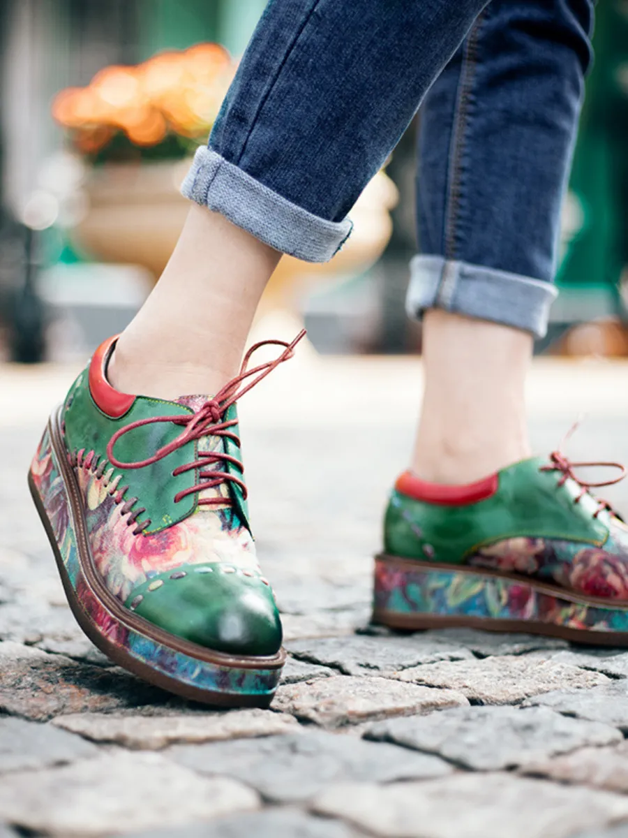 Genuine Leather Brush Craft Emerald Art Floral Oxford Shoes