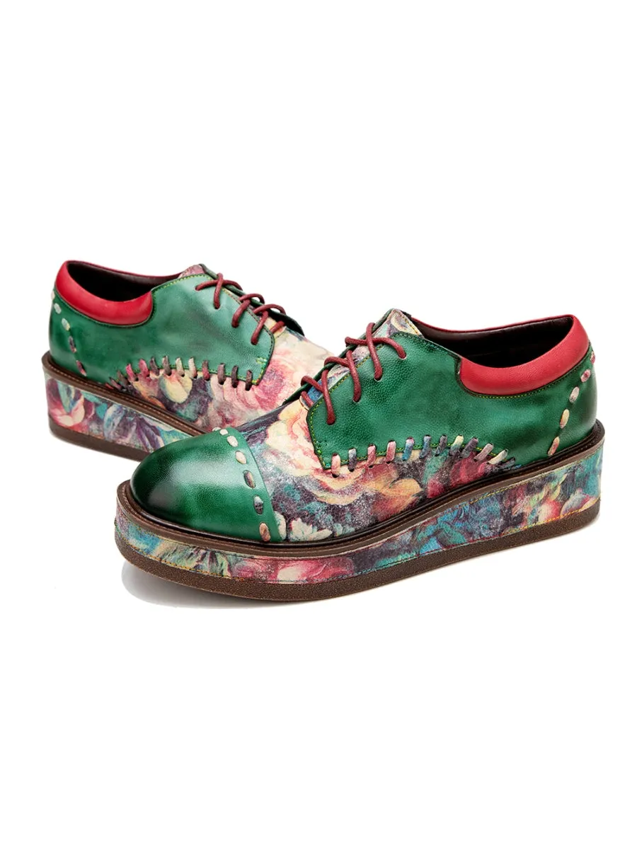 Genuine Leather Brush Craft Emerald Art Floral Oxford Shoes