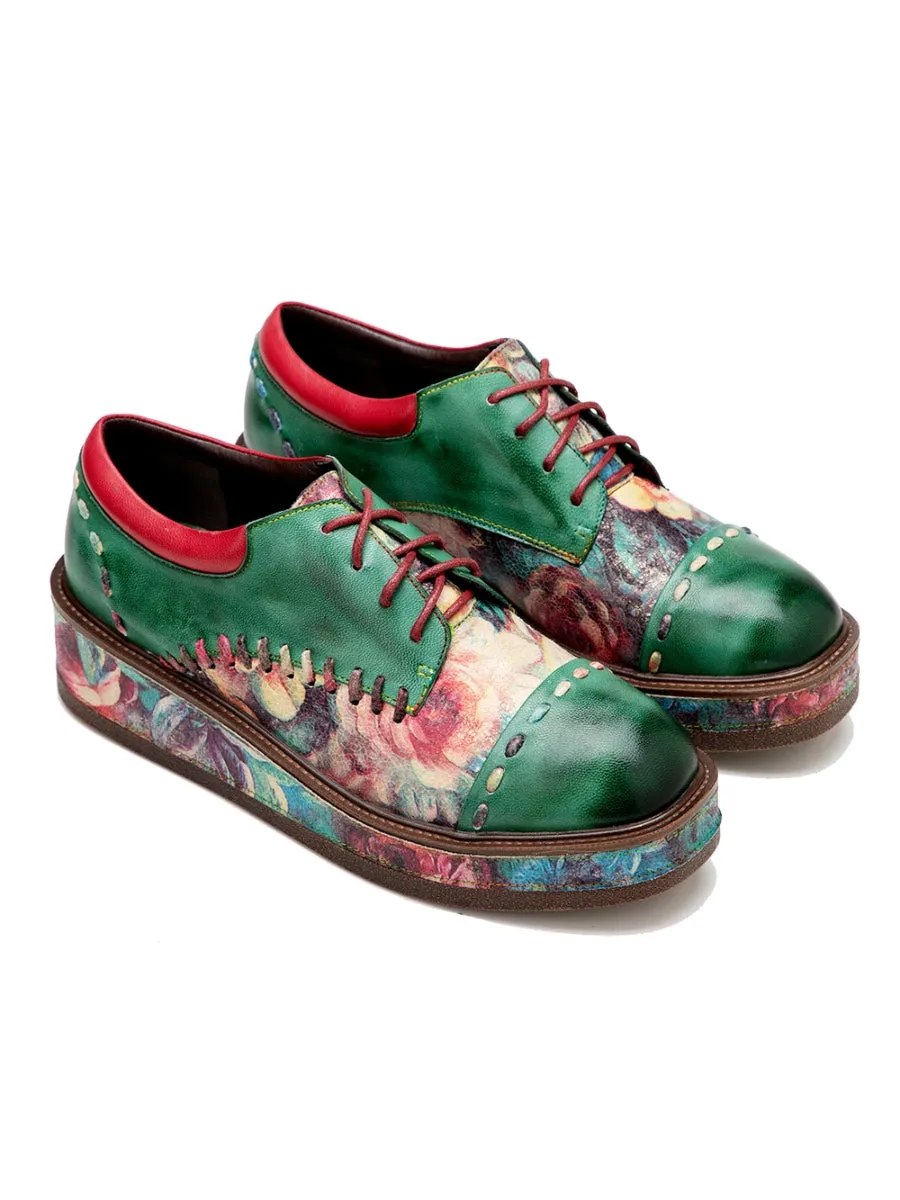Genuine Leather Brush Craft Emerald Art Floral Oxford Shoes