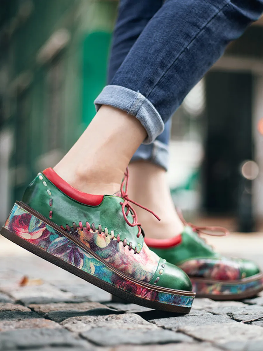 Genuine Leather Brush Craft Emerald Art Floral Oxford Shoes