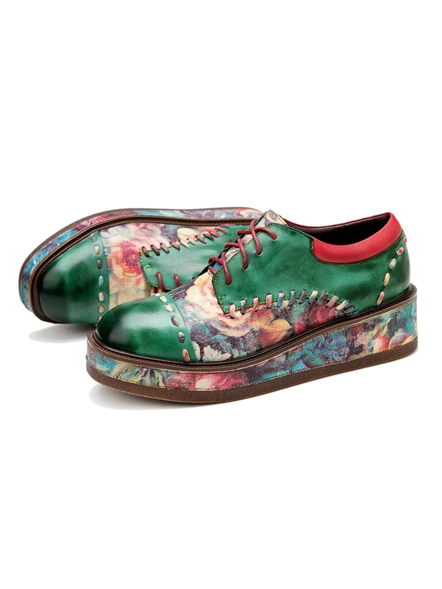 Genuine Leather Brush Craft Emerald Art Floral Oxford Shoes
