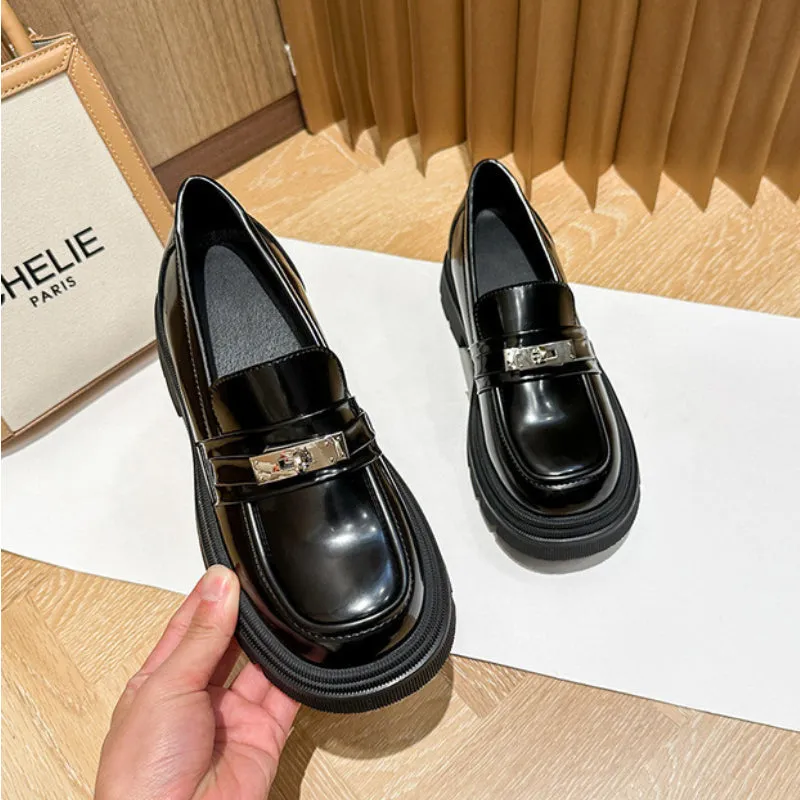Genuine Leather Buckle Thick-soled Loafers, Versatile British Style Women's Shoes
