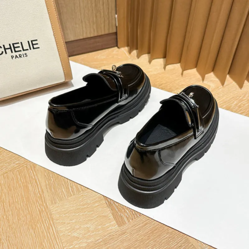 Genuine Leather Buckle Thick-soled Loafers, Versatile British Style Women's Shoes