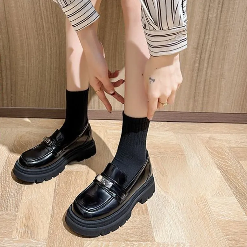 Genuine Leather Buckle Thick-soled Loafers, Versatile British Style Women's Shoes
