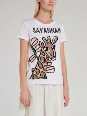 Giraffe Sequin Embellished Cotton T-Shirt