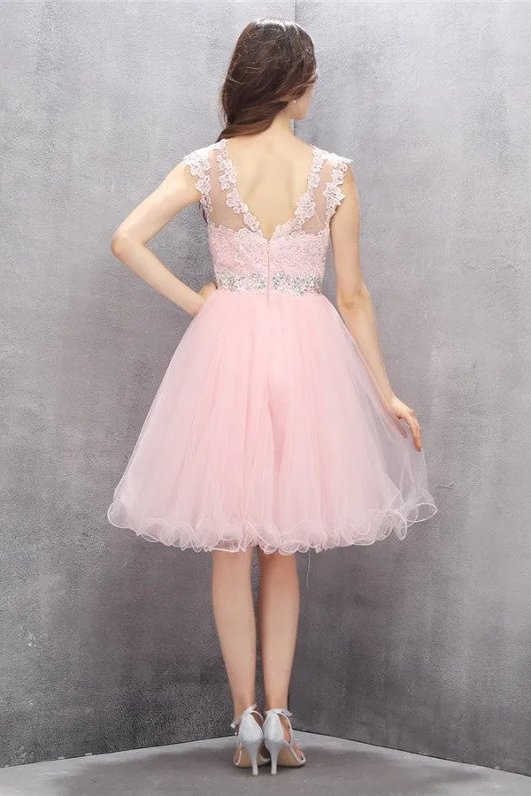 Girly Short Lace Beading V-back Cute Cheap Homecoming Dress K583