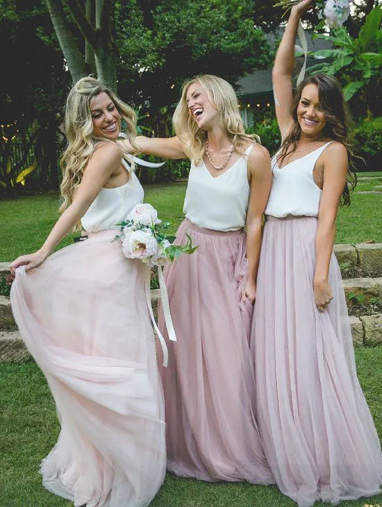 Gorgeous 2 Pieces Pink Tulle Long Bridesmaid Dress with White Top OKM95
