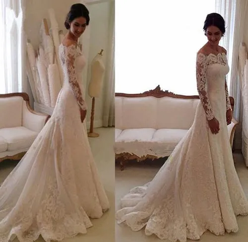 Gorgeous Ivory/White Long Sleeves Vintage Wedding Dresses, Off Shoulder Bridal Gown, SW159