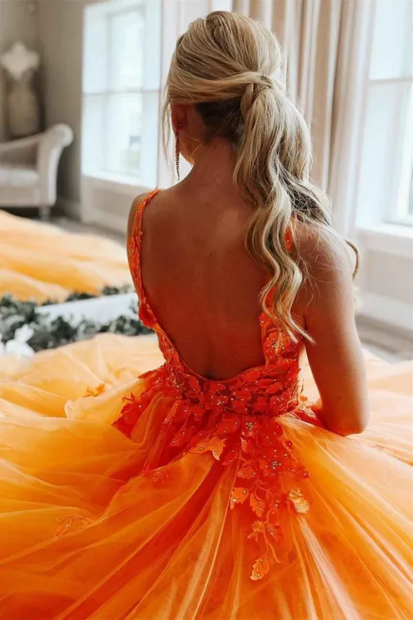 Gorgeous Orange V Neck Floral Tulle Long Prom Evening Dress APP0728