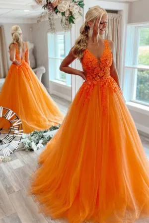 Gorgeous Orange V Neck Floral Tulle Long Prom Evening Dress APP0728