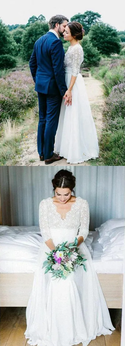 Gorgeous White See-through Backless Lace Chiffon 3/4 Sleeve Rustic Wedding Dress, SW254