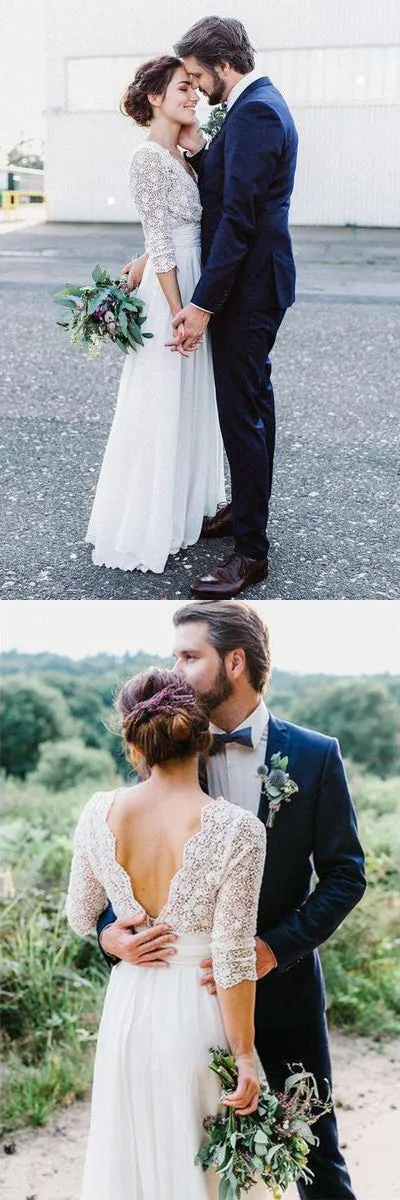 Gorgeous White See-through Backless Lace Chiffon 3/4 Sleeve Rustic Wedding Dress, SW254