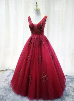 Gorgeous Wine Red Tulle Party Gown, Handmade V-neckline Prom Dress