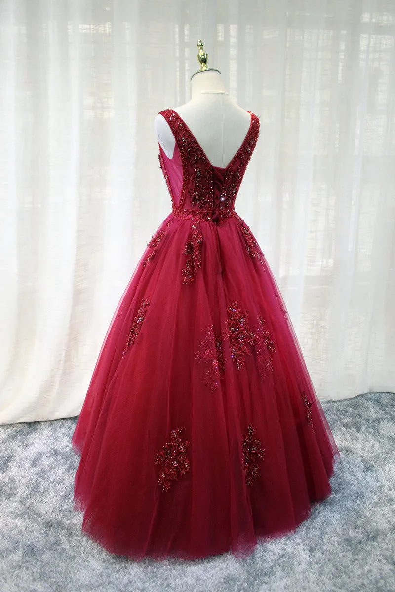 Gorgeous Wine Red Tulle Party Gown, Handmade V-neckline Prom Dress