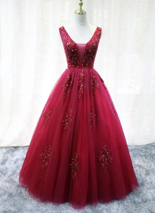Gorgeous Wine Red Tulle Party Gown, Handmade V-neckline Prom Dress