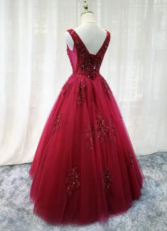 Gorgeous Wine Red Tulle Party Gown, Handmade V-neckline Prom Dress