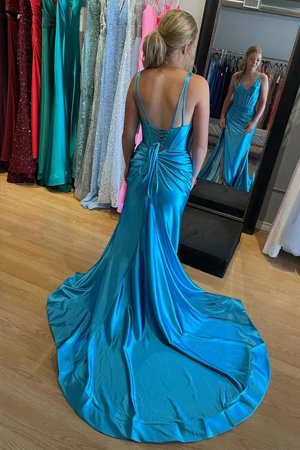 Grape Mermaid Satin V Neck Long Prom Dress with Slit TP1286
