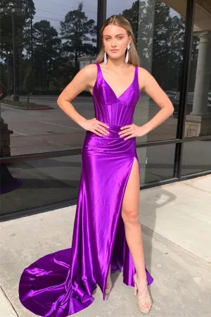 Grape Mermaid Satin V Neck Long Prom Dress with Slit TP1286