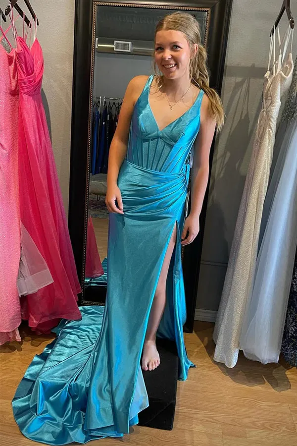 Grape Mermaid Satin V Neck Long Prom Dress with Slit TP1286